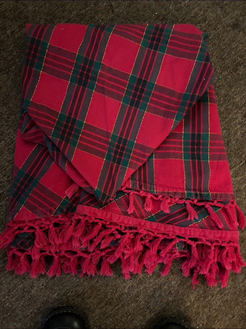 Vintage 80's K Mart 60" Round Holiday  Red\Green\Gold Tartan Plaid Tablecloth